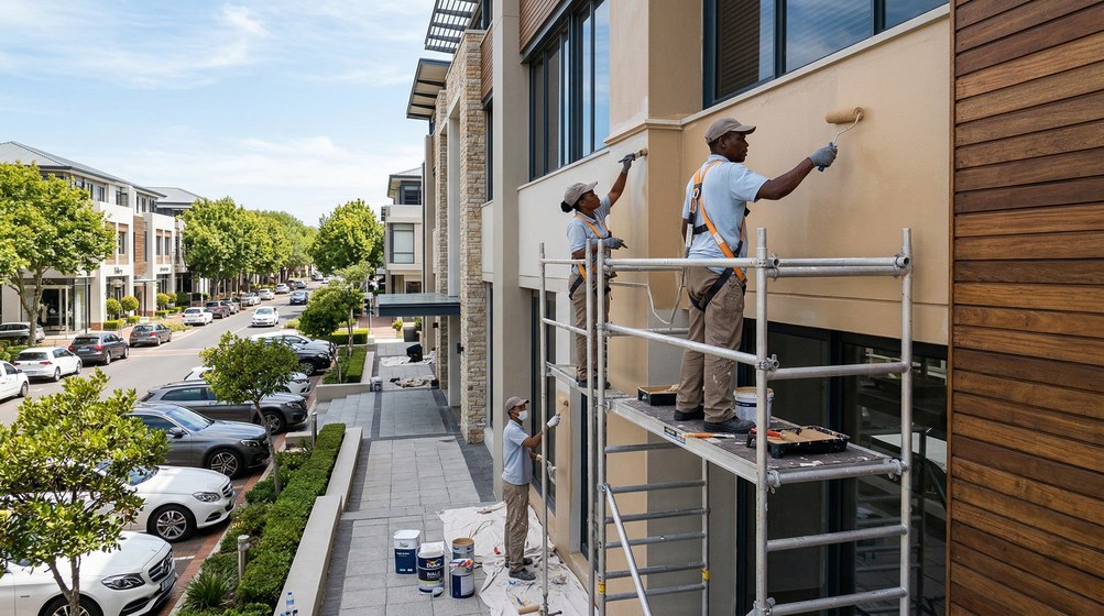 Professional commercial painters on scaffolding painting a building on the Newlands