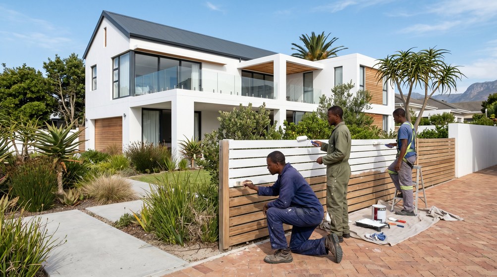 Professional fence painters painting a wooden fence at a Newlands home in Newlands