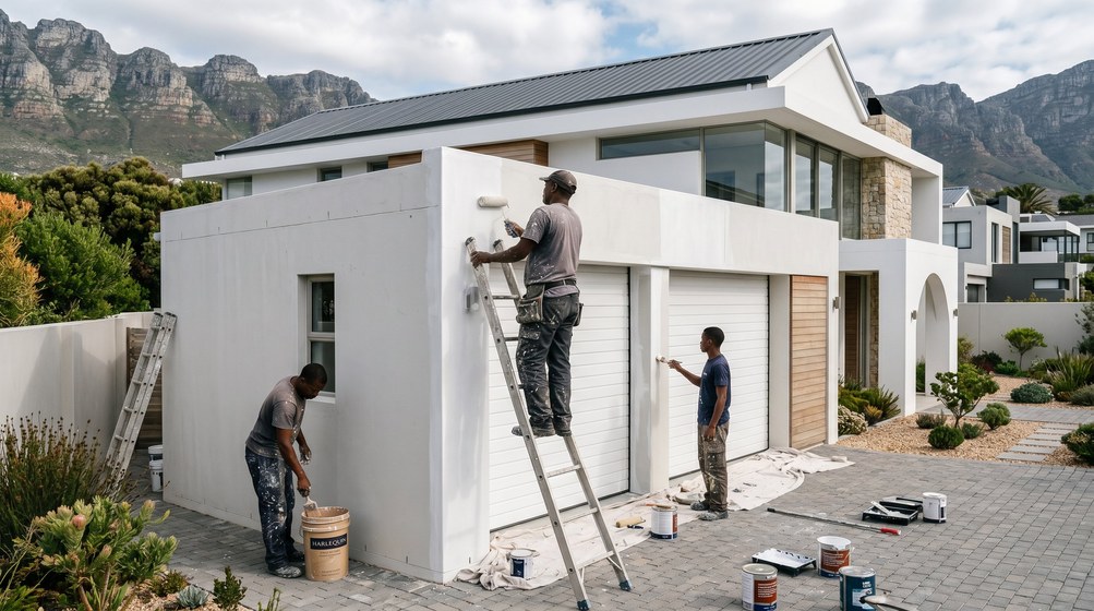 Professional painters painting a double garage exterior and garage doors in Newlands