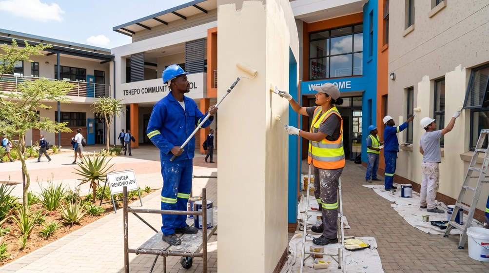 Professional school painting team painting a community school on the Newlands